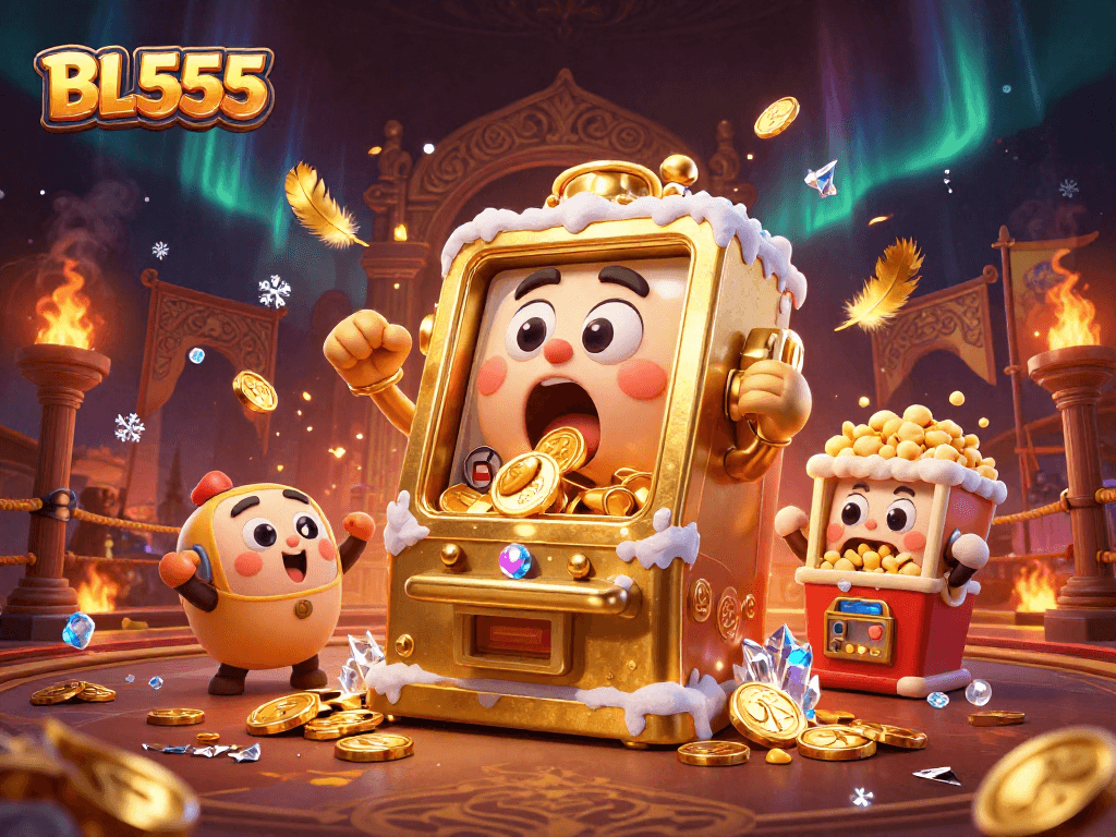 Experience the excitement of BL555 as a golden slot machine celebrates its jackpot with coins pouring out.