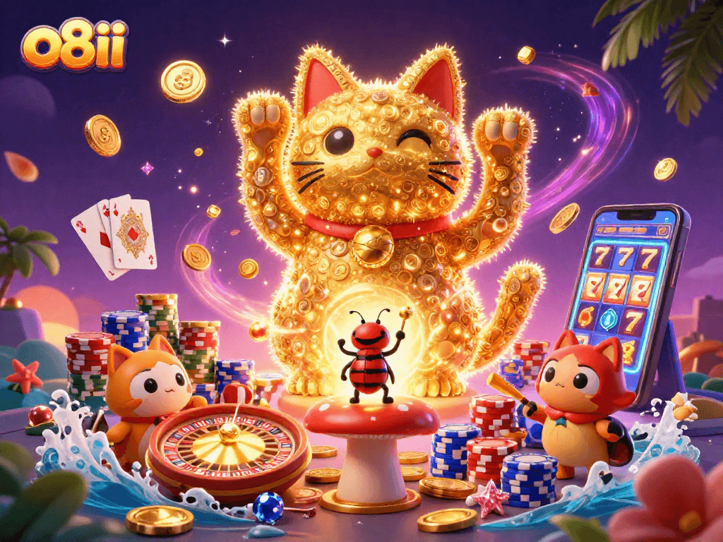 Experience the vibrant world of o8ii's online gaming with this lively, casino-themed illustration.