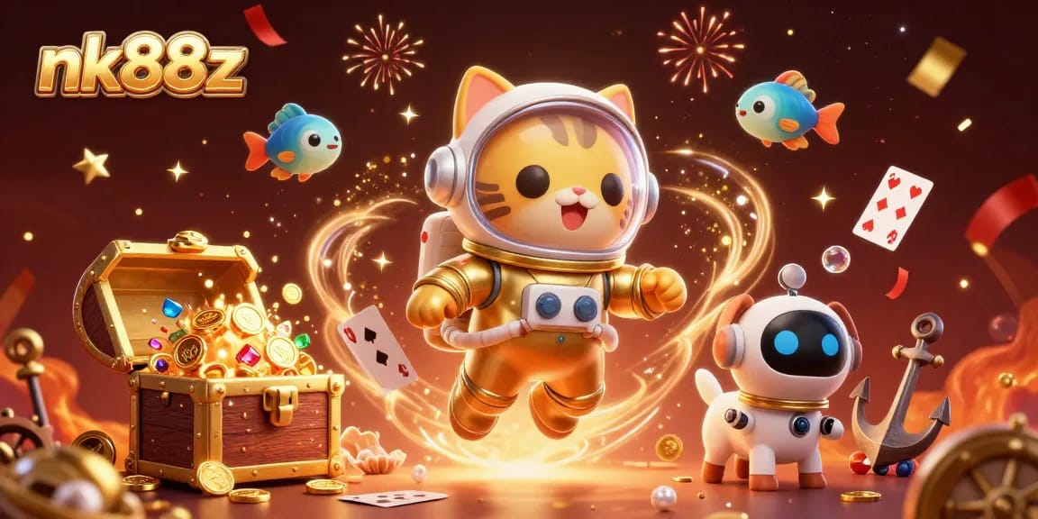 Bet on excitement with nk88z, where a golden space kitty and robot dog explore vibrant cosmic gambling treasures!