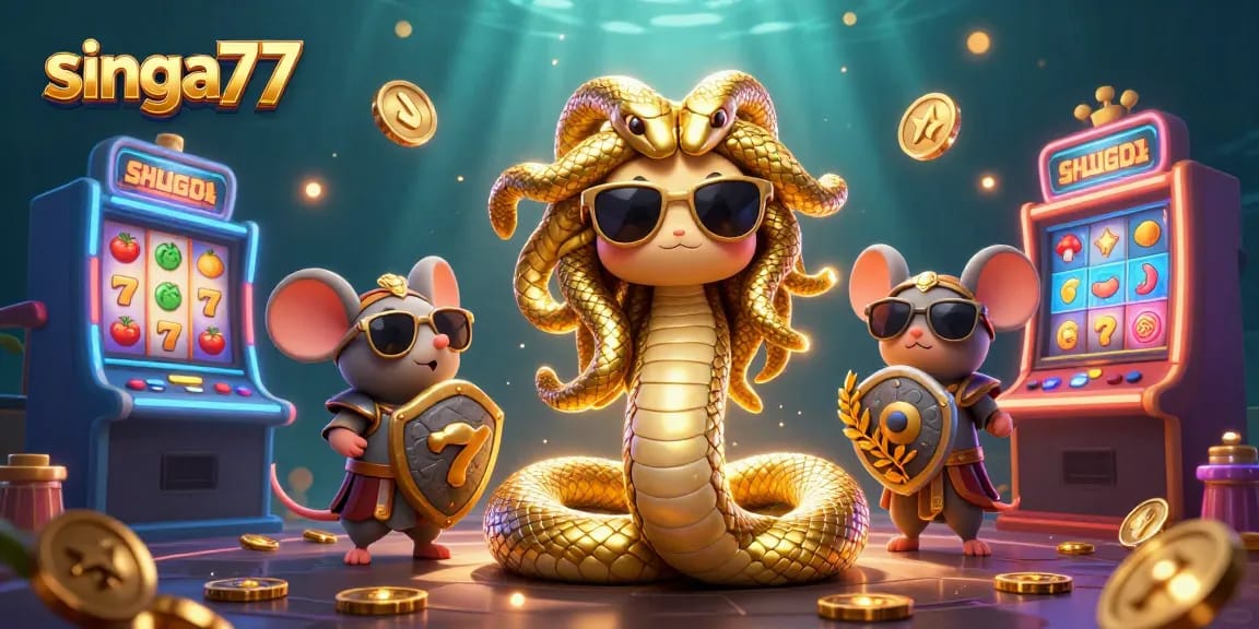 Singa77 slots action scene featuring animated characters Medusa and warrior with gold coins