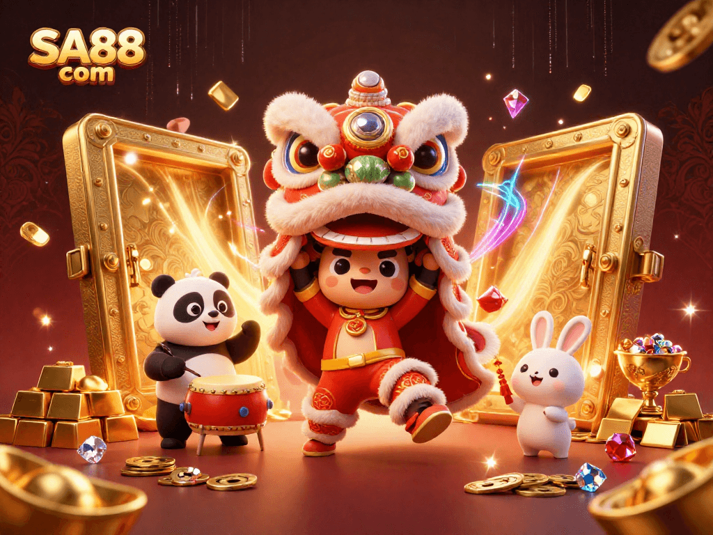 Immerse in the vibrant world of SA88 com, featuring 3D characters and golden treasures in an online casino scene.