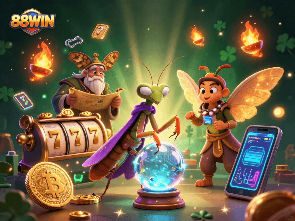 Experience thrilling gameplay at 88WIN with vibrant slot reels and magical characters.