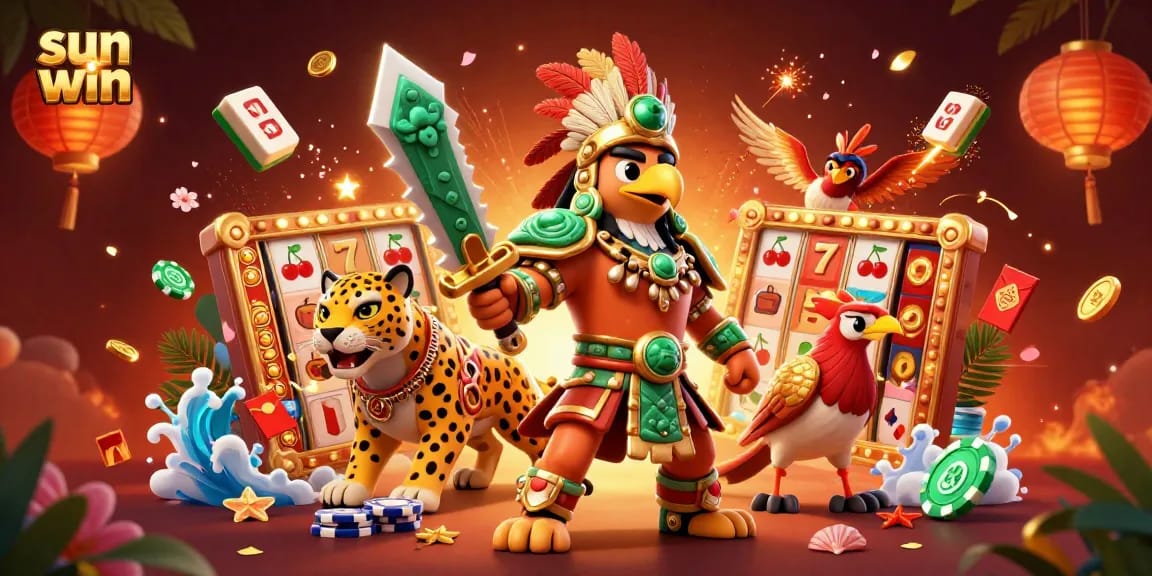 Experience the thrill with sun win's animated Aztec warriors and vibrant slot game elements.