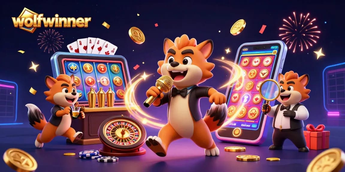 Wolfwinner hyena comedy casino scene with colorful games, vibrant drinks, and celebratory confetti.