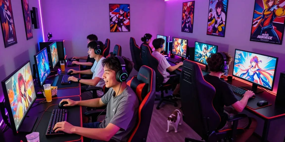Engaged players enjoying vibrant hentai games in a lively gaming lounge.