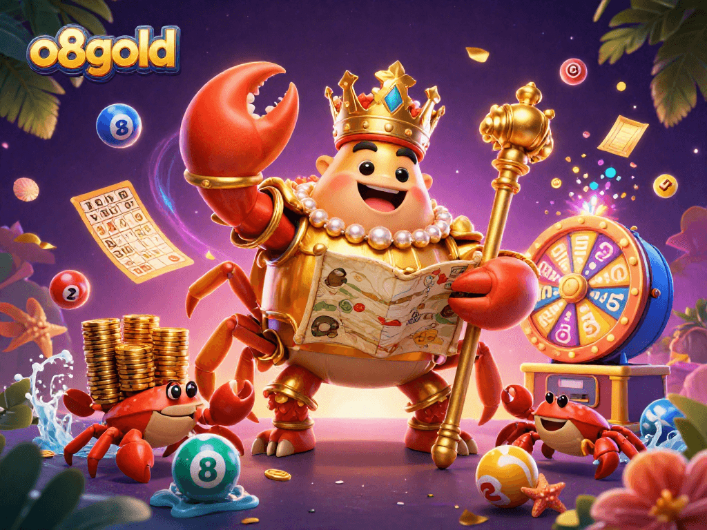 Experience the excitement of o8gold as the golden crab emperor declares winning moments in a vibrant casino scene.