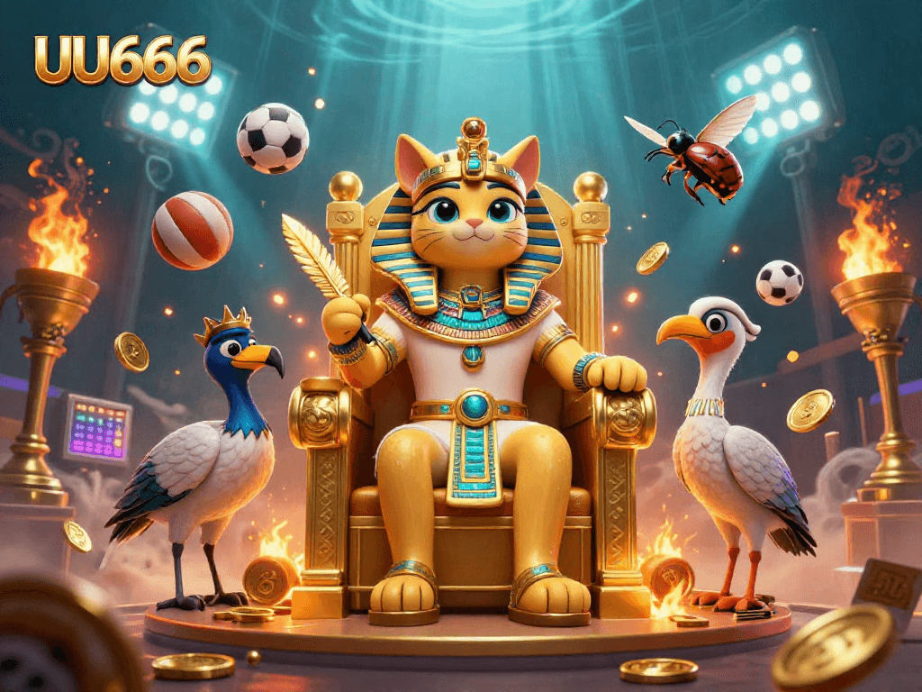 UU666 elevates excitement with a pharaoh cat and scribe among dynamic sports elements in this vibrant casino illustration.