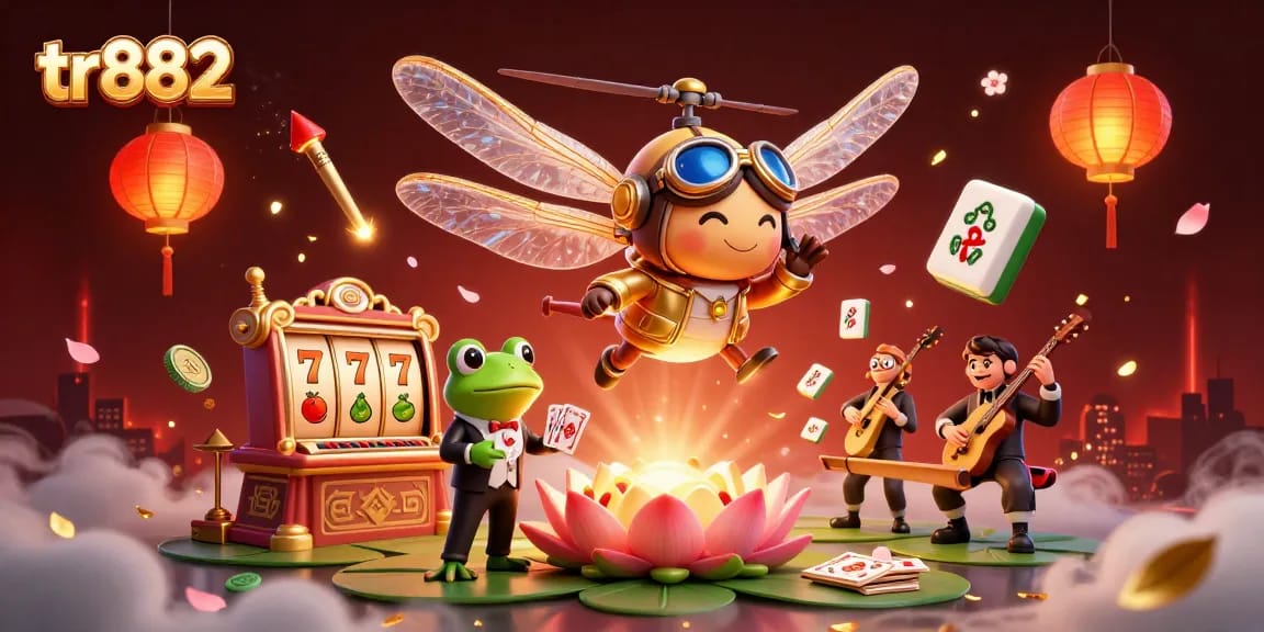 Experience tr882 with vibrant casino action featuring a dragonfly pilot, gambling elements, and lively musicians.