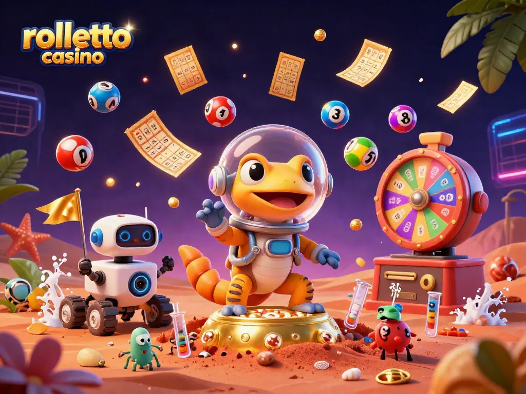Experience the excitement of rolletto casino with a dynamic alien-themed scene depicting lottery elements and gaming adventures.