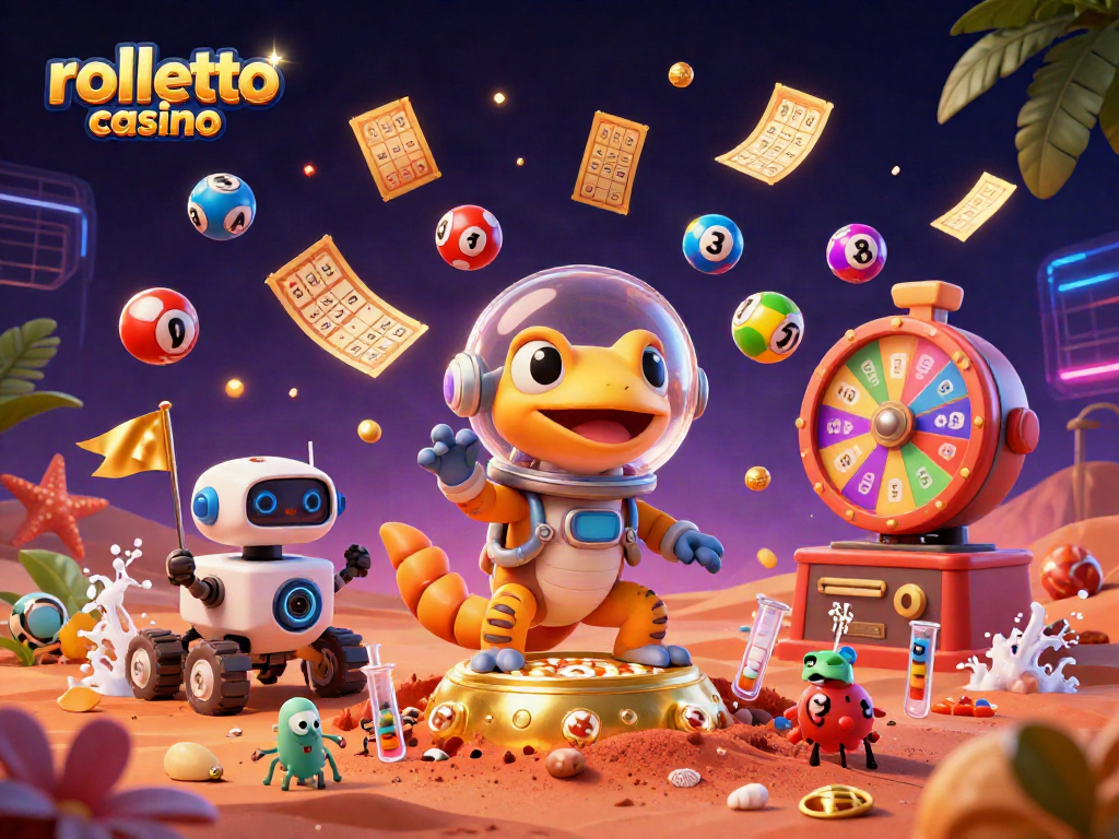 Experience the excitement of rolletto casino with a dynamic alien-themed scene depicting lottery elements and gaming adventures.