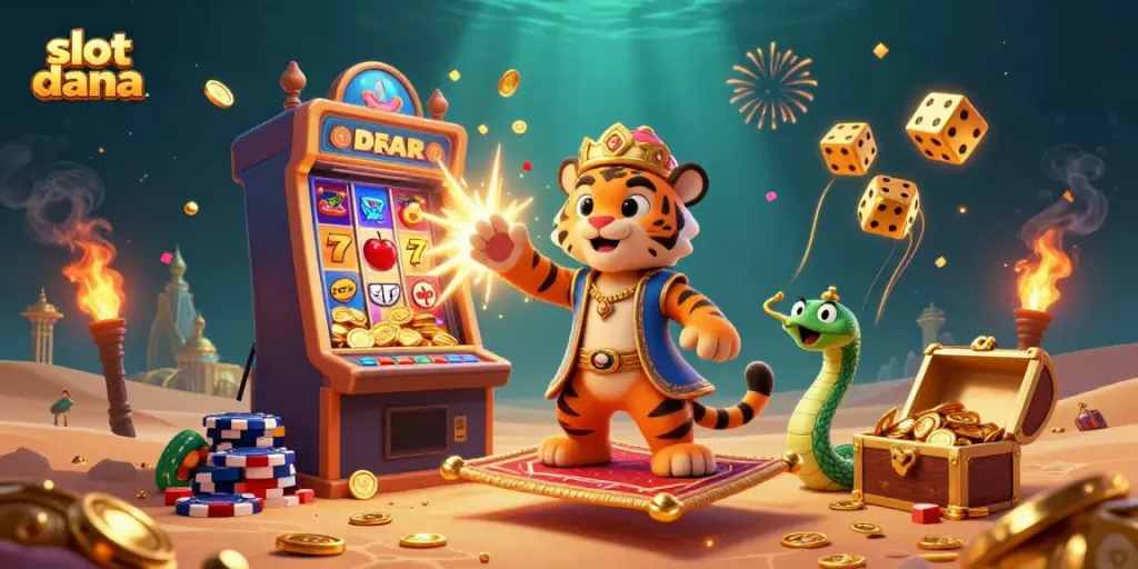 Experience excitement with slot dana on a vibrant scene filled with gold, jackpots, and casino games.