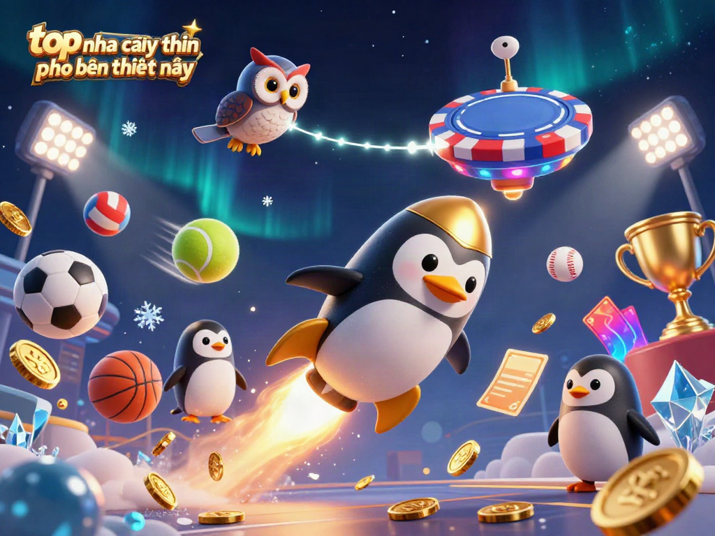 Experience exciting wagering at top nha cai uy tin phổ biến hiện nay; a golden penguin blasts through a vibrant casino-themed space.