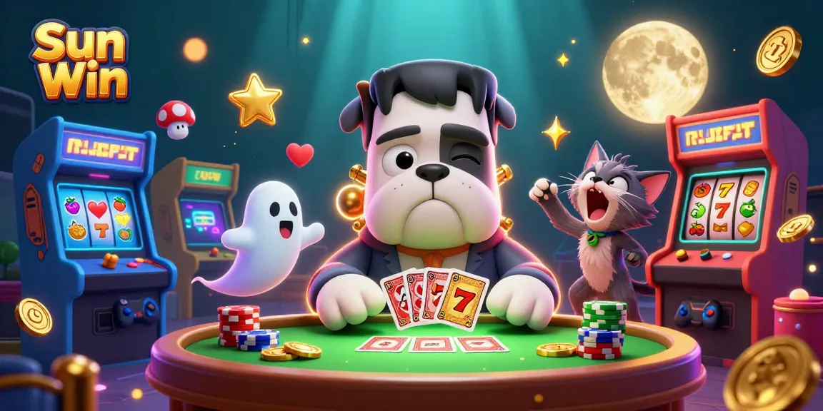 Engage with the vibrant world of Sun Win featuring a 3D Frankenstein bulldog dealer amidst colorful casino elements.