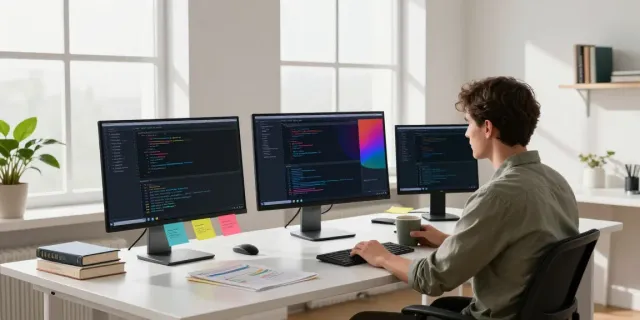 Developer coding in a vibrant workspace with instant indexing tools visible on screens.