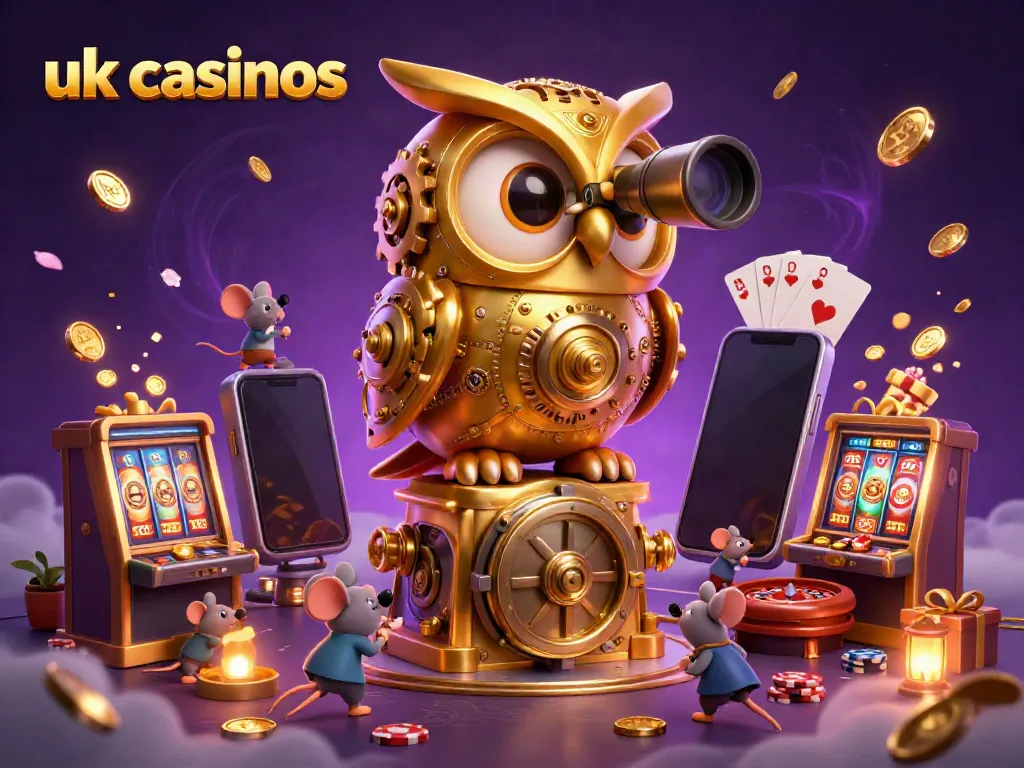 Engage with the vibrant scene of uk casinos showcasing an owl analyzing games among brass slot machines.