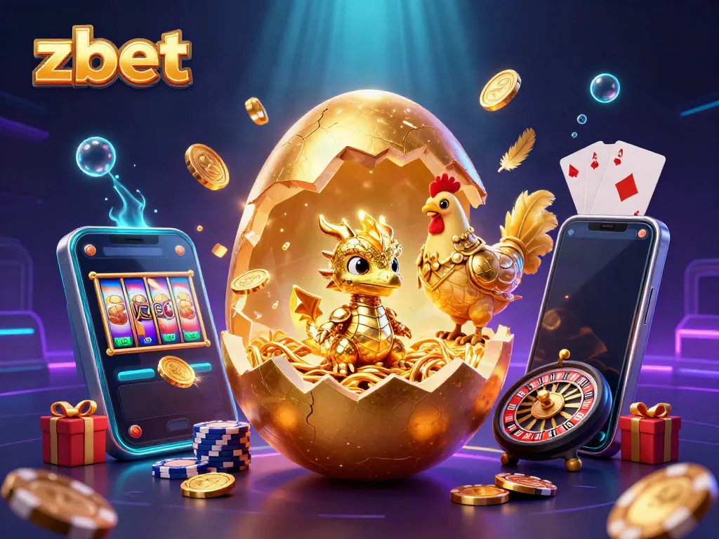 Experience thrilling gameplay with ZBET's golden dragon and slot game elements in a vibrant casino setting.