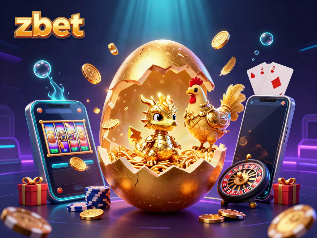 Experience thrilling gameplay with ZBET's golden dragon and slot game elements in a vibrant casino setting.