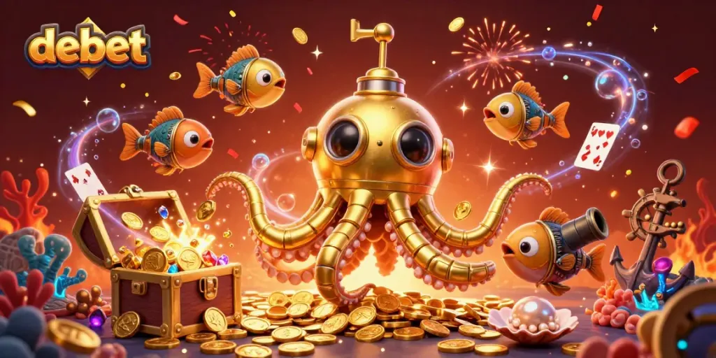 Debet-themed promotional illustration with kraken, coins, and gambling elements in vibrant detail.