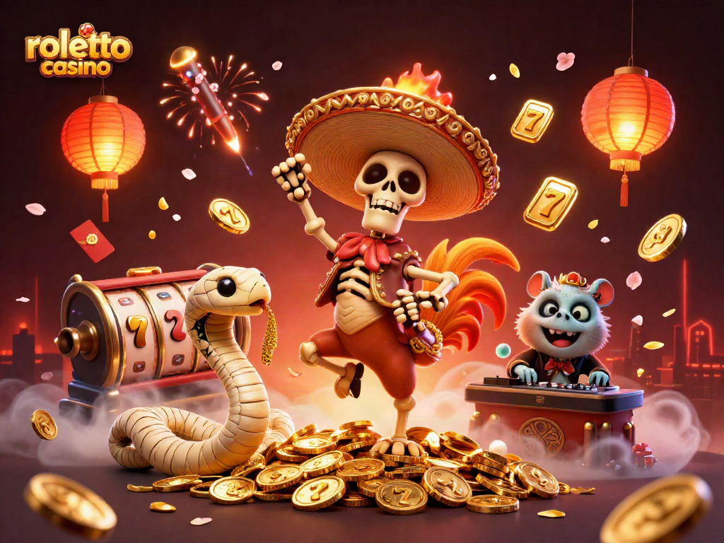 Experience the excitement at rolletto casino with a vibrant scene featuring animated casino characters and game elements.