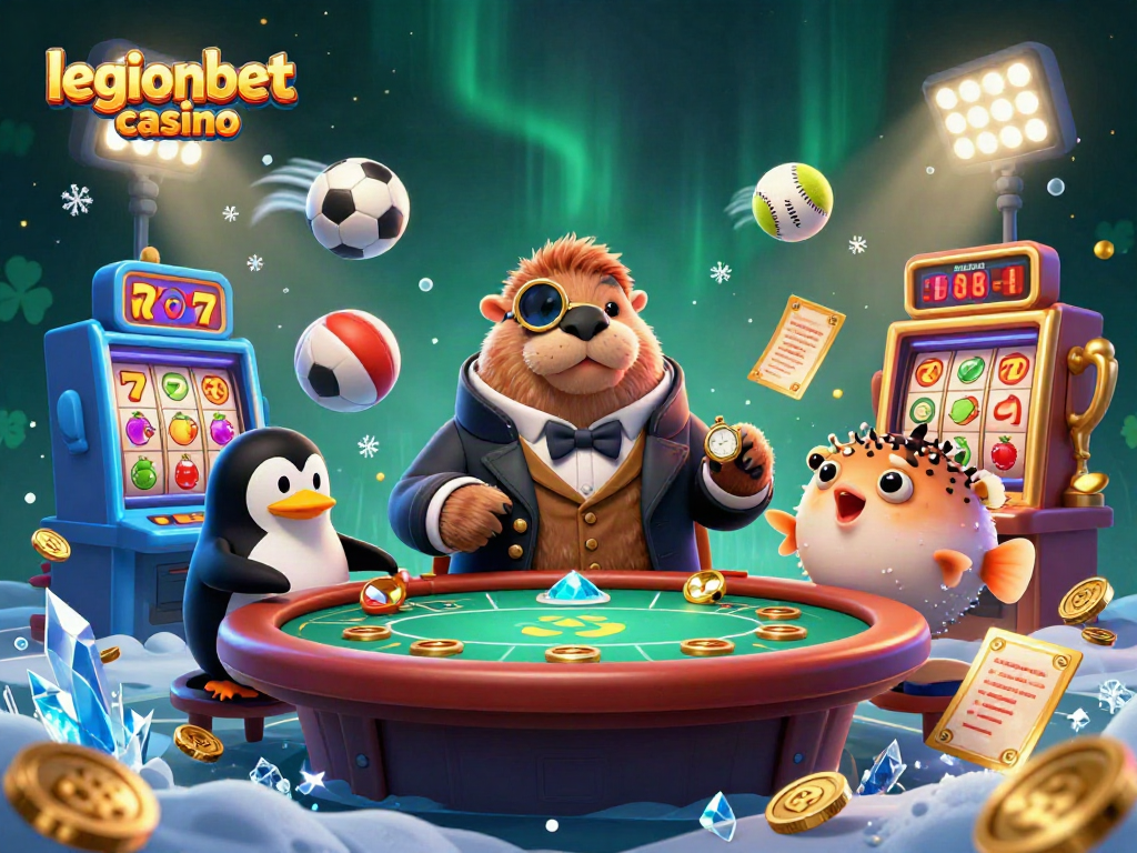 Experience the excitement of legionbet casino with a jolly walrus and friends at an underwater poker table.