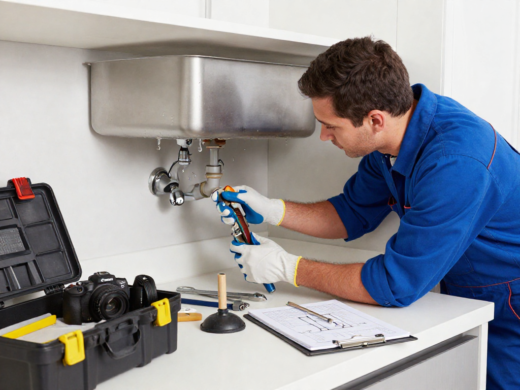 Experienced plumber Fort Worth fixing a kitchen sink leak with tools and a clean work environment.
