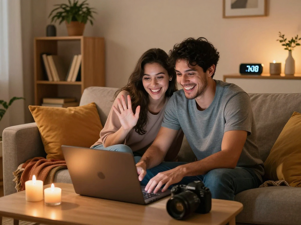Couple enjoying a cozy sexchat on laptops in a warm, inviting home setting.