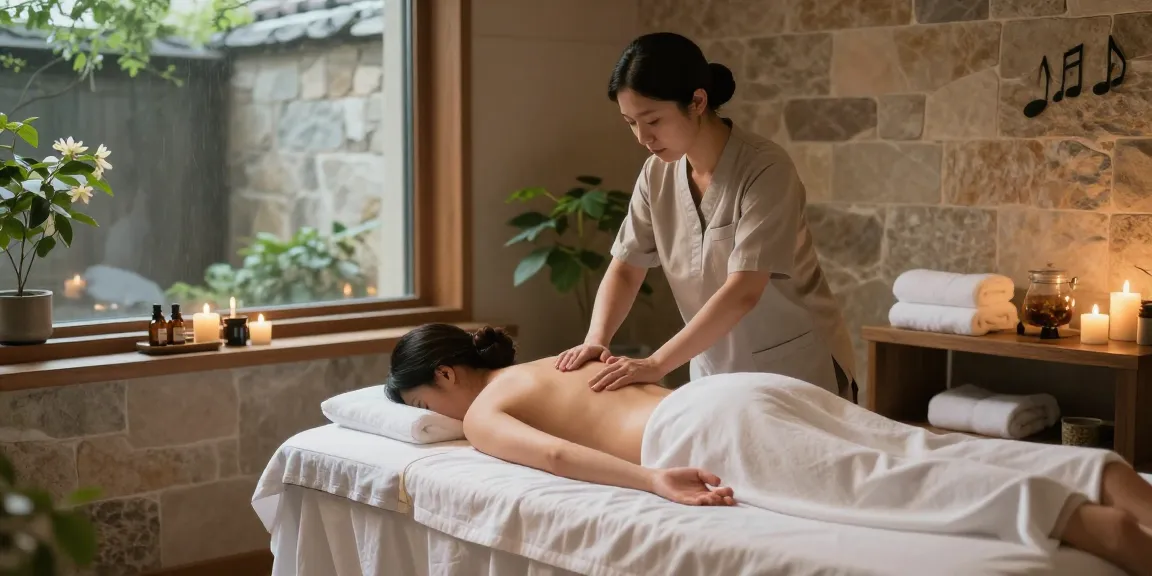 Soothing 서울출장안마 session with candles and tranquil spa setting promoting relaxation.