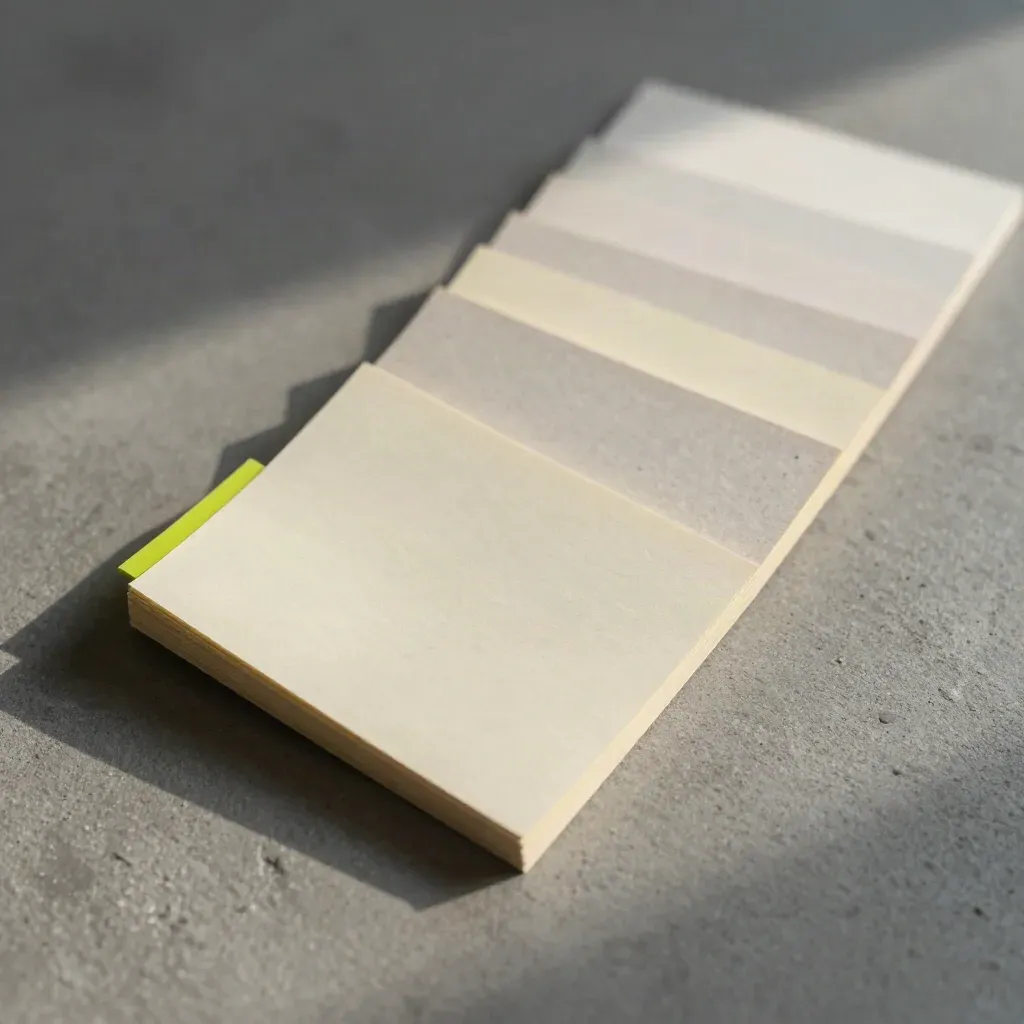 Overhead fan of SEO keyword research cards and tab dividers on grey stone.