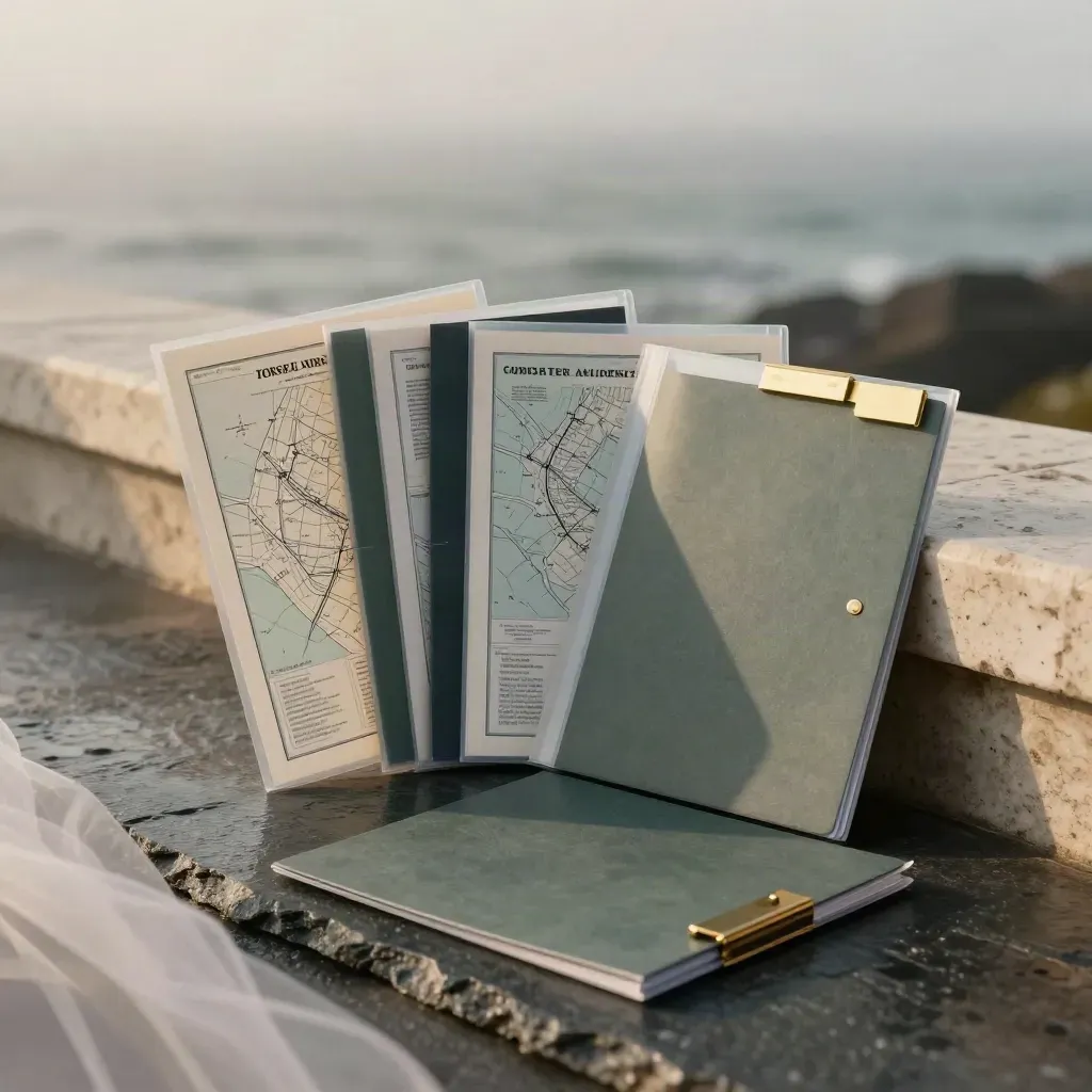 Charcoal SEO audit folders and tabbed sleeves on a misty slate plinth at dawn