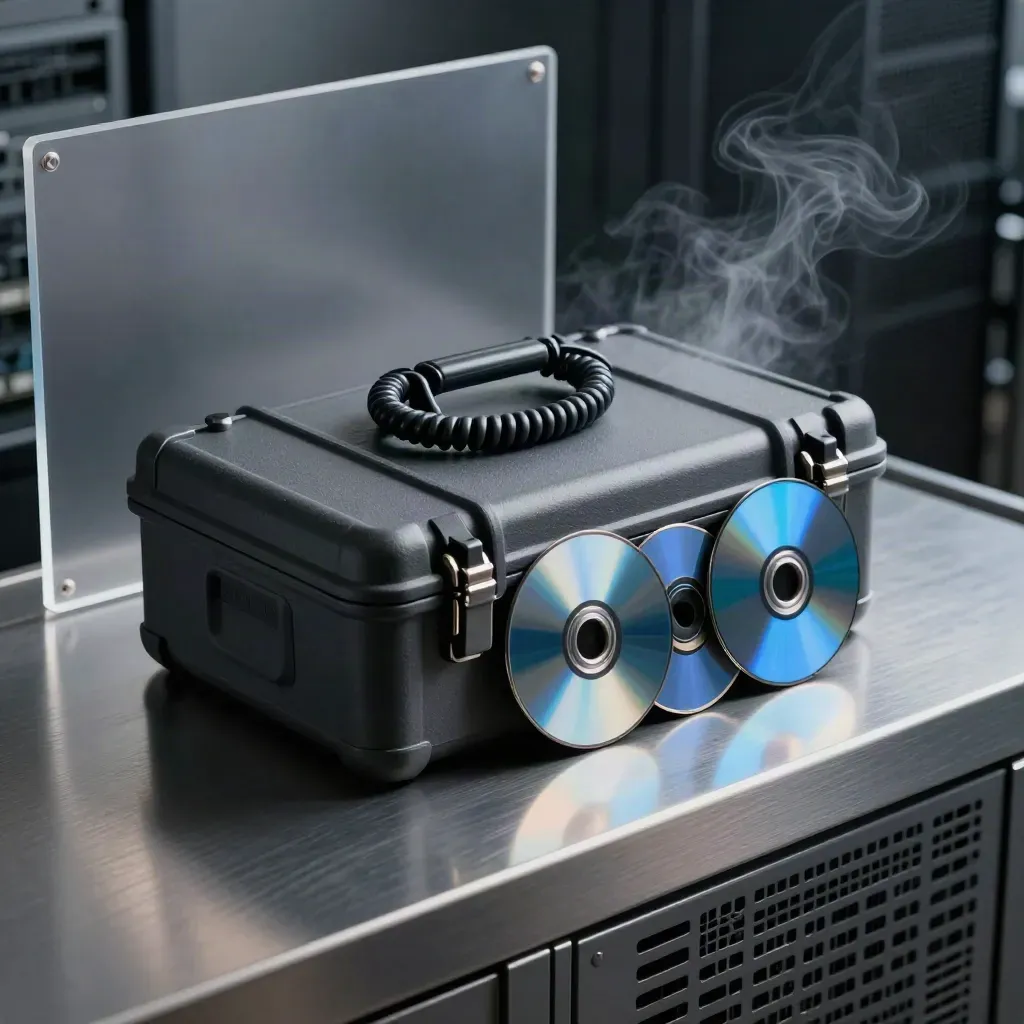 SEO technical audit kit beside a server grille with blue reflections and cool vapor.