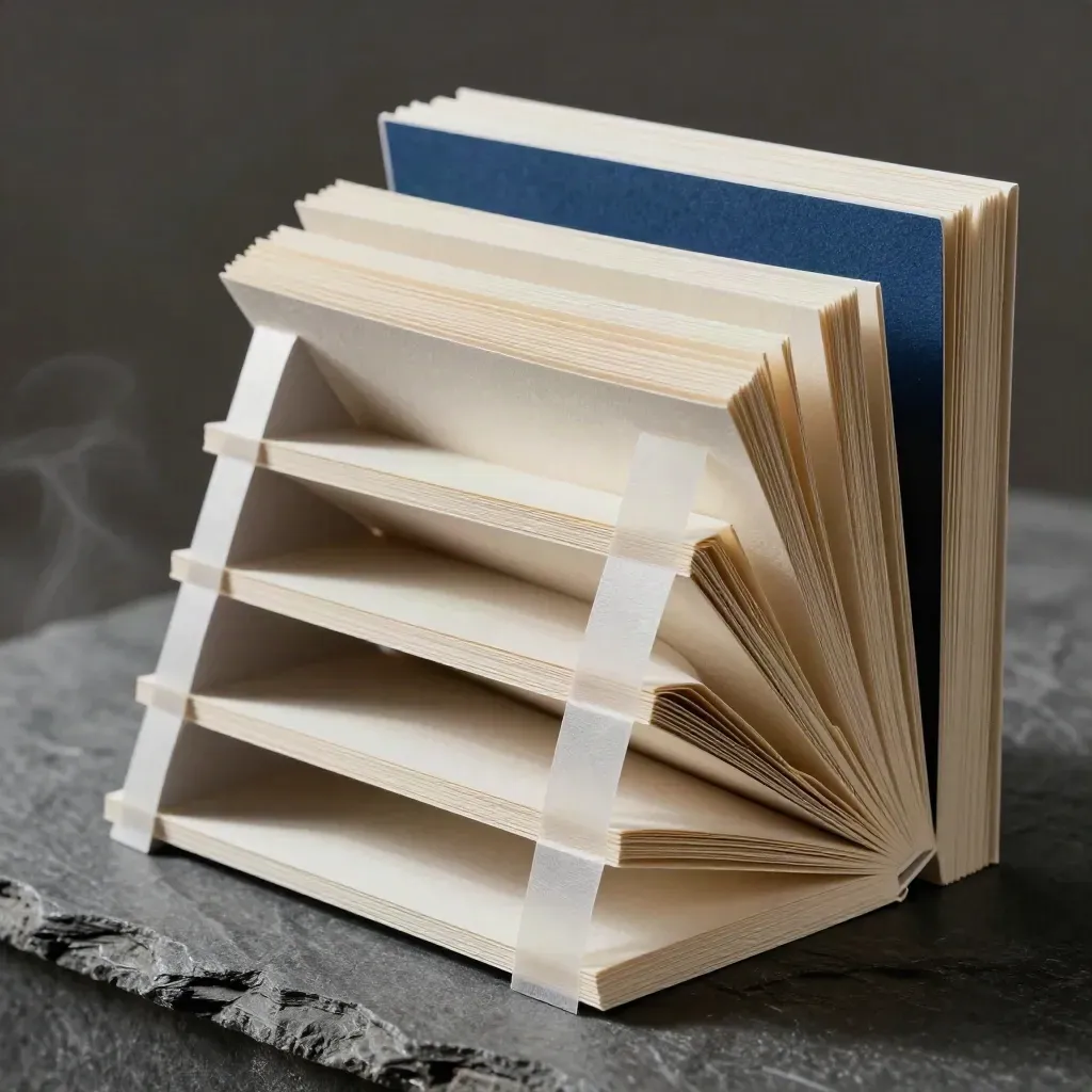 Macro of folded page mockups with adhesive tabs and matte strips on slate with steam.