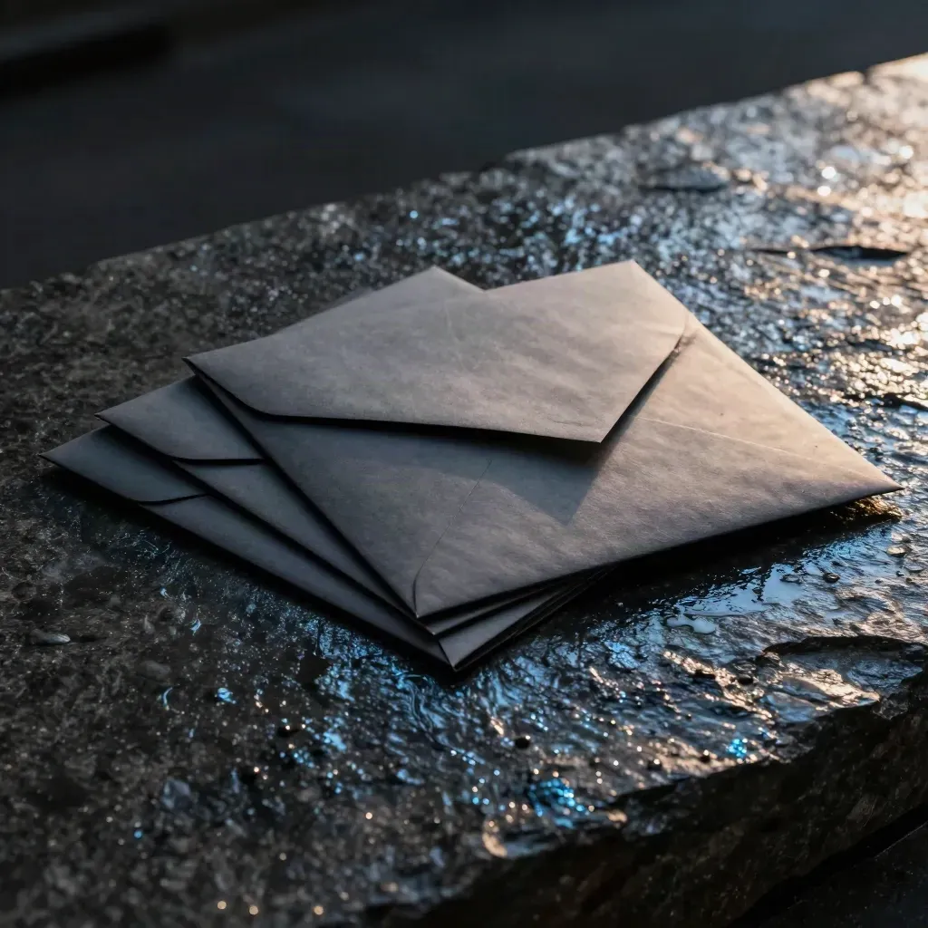 Matte audit envelopes and report sleeve on wet basalt with mist and blue rim light