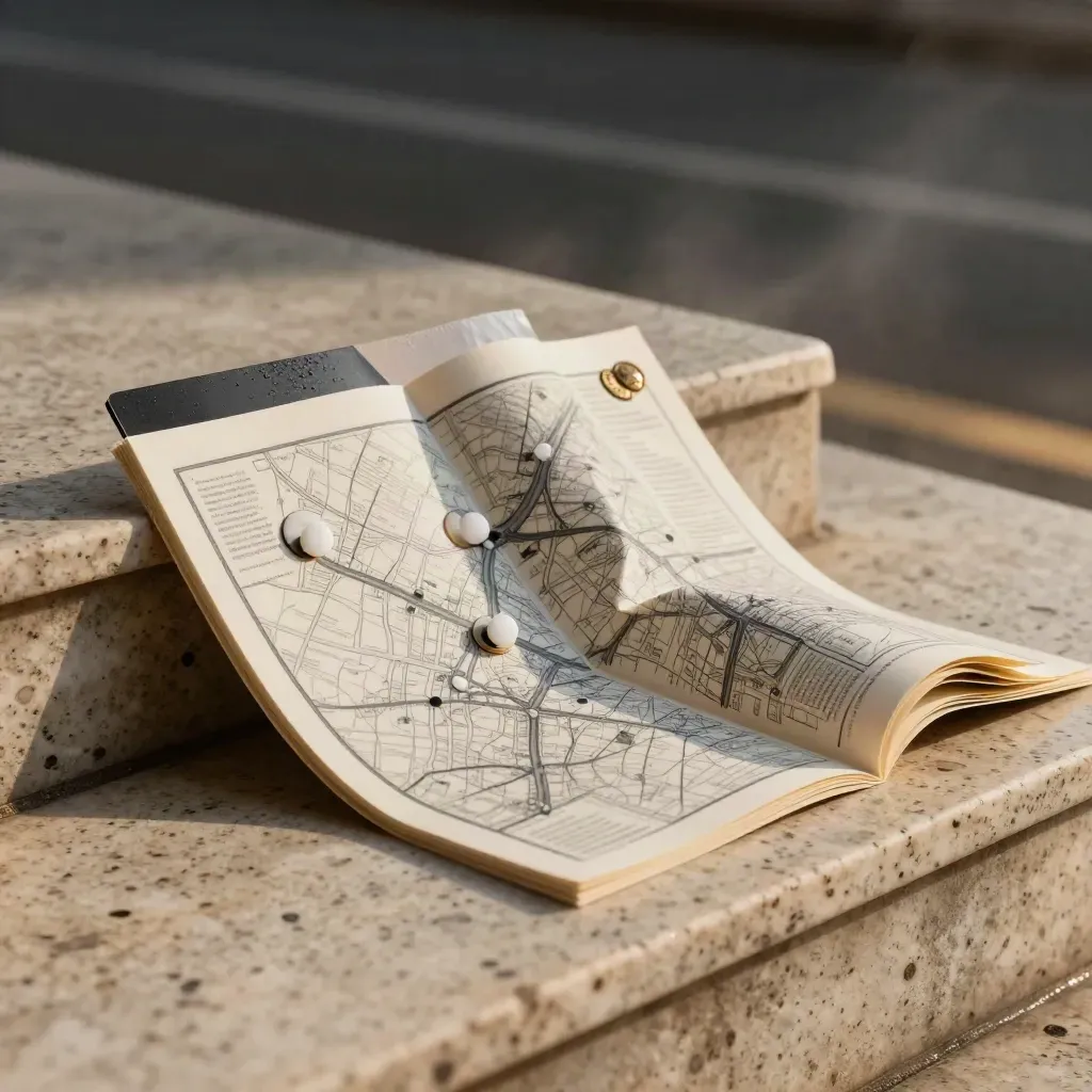 Local SEO kit with folded maps, white pin markers and sealed sleeves on a rain-sheened stone step