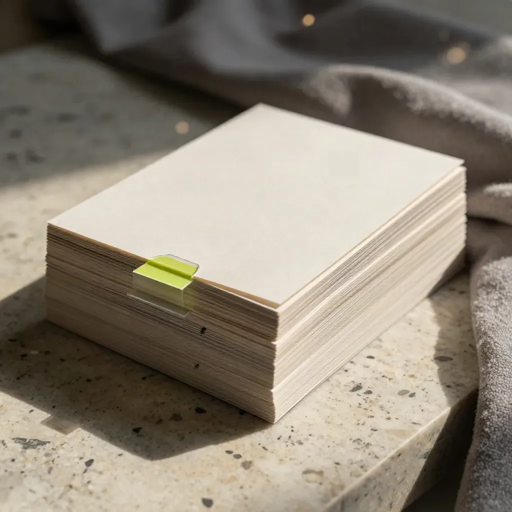 Overhead flatlay of chapter cards, dividers and cloth on travertine with muted lime accents.