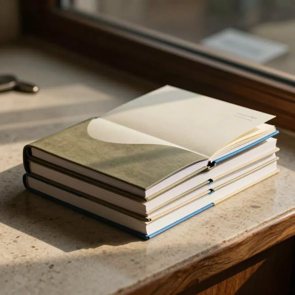 Four slim monthly report booklets in a sleeve on travertine, viewed at a low angle.