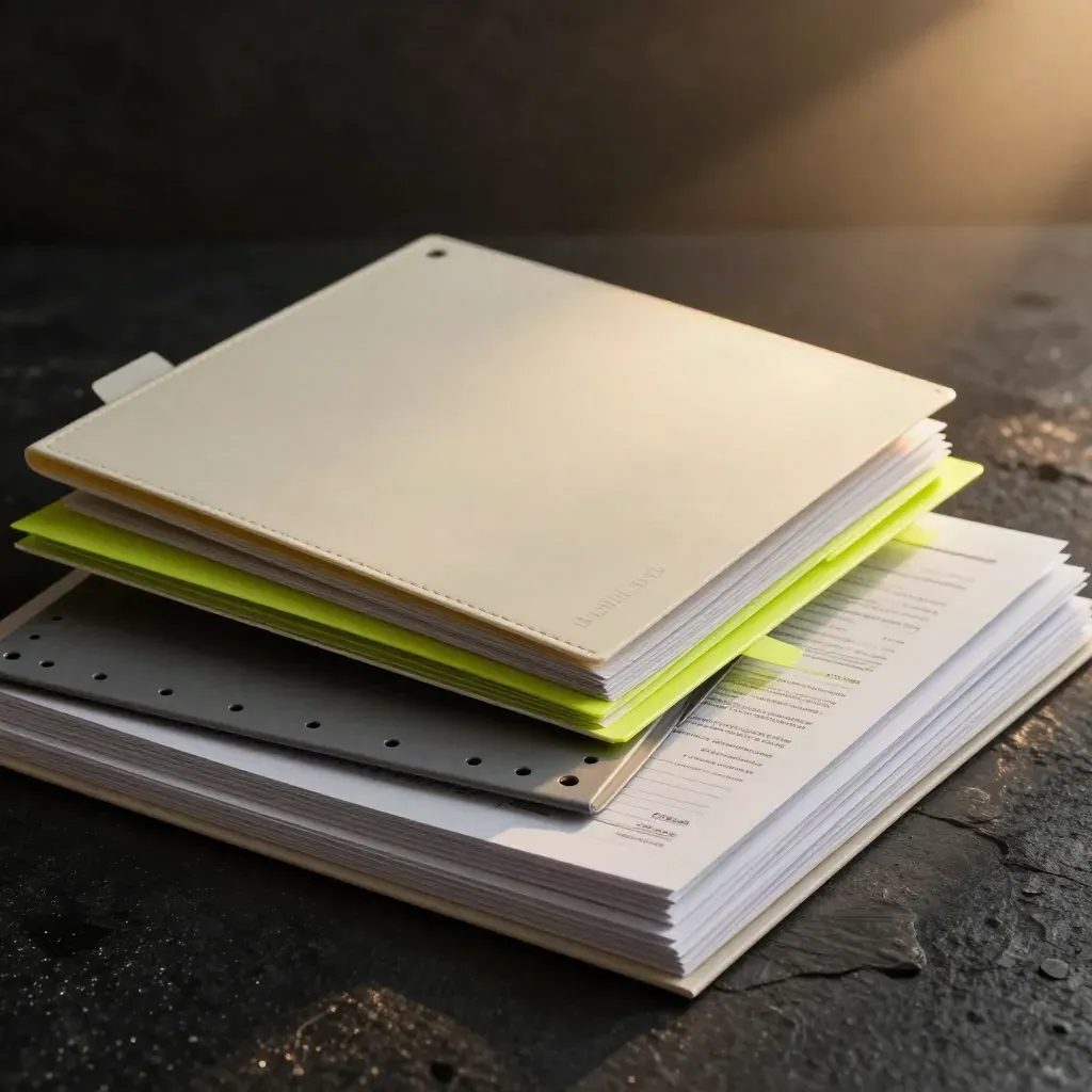SEO audit folders and report binders bursting open on a dark studio surface.