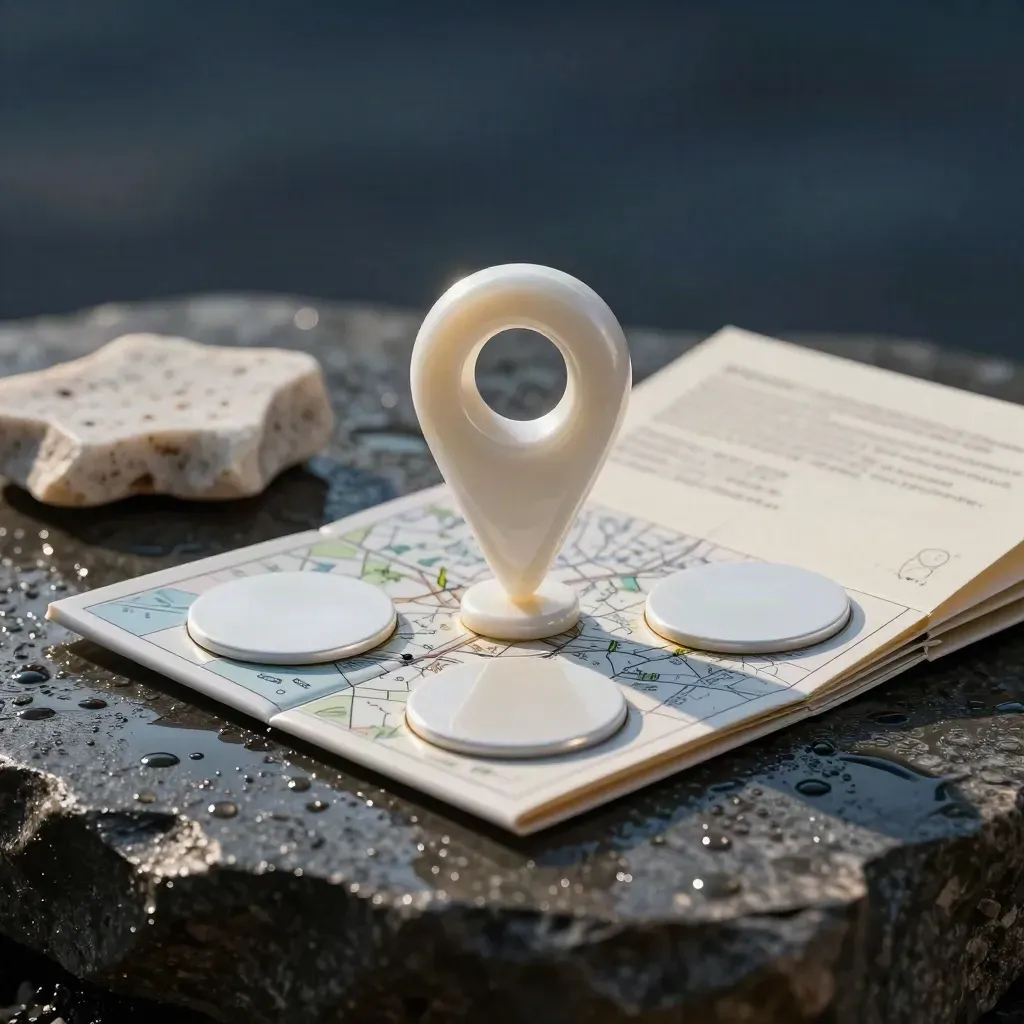 Rain-sheened SEO location kit arranged on wet stone with white markers