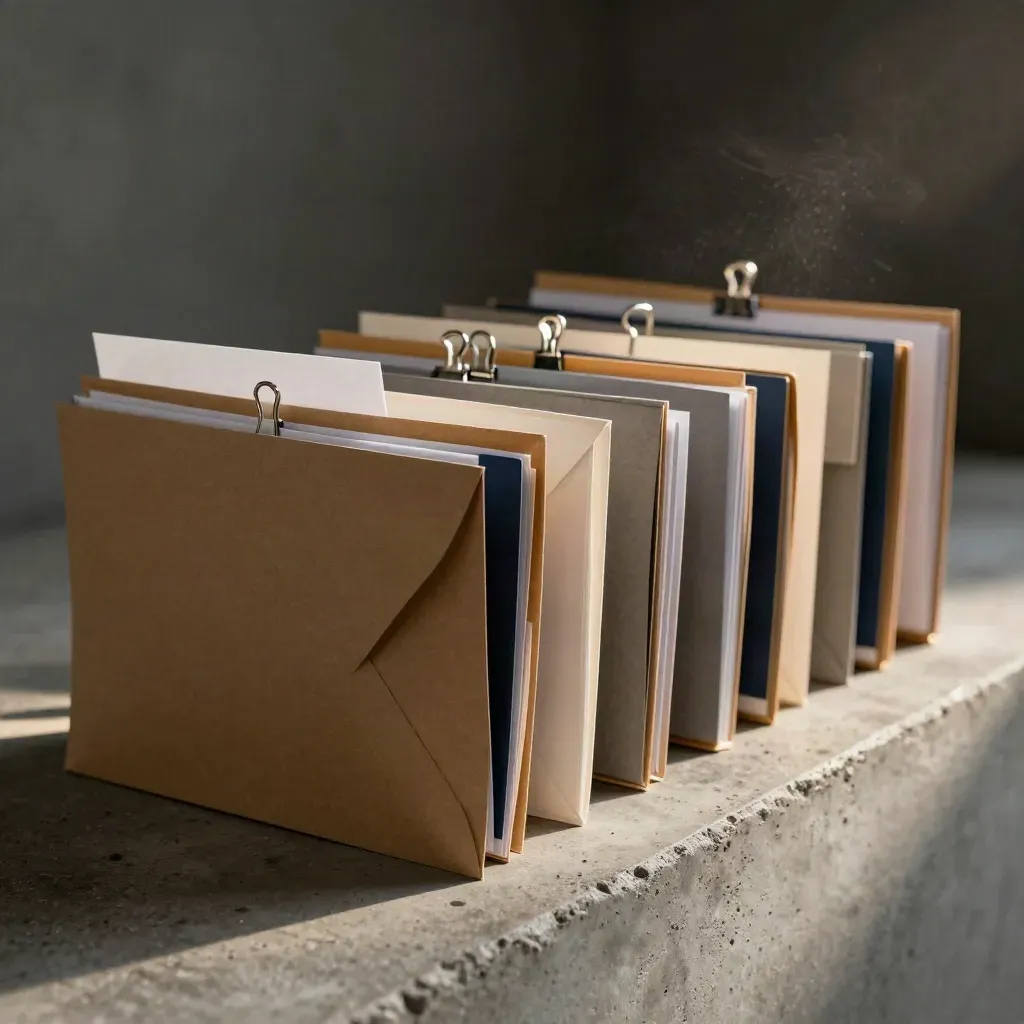 Linked SEO folders, tied envelopes and metal clips on a concrete ledge in dramatic studio light.