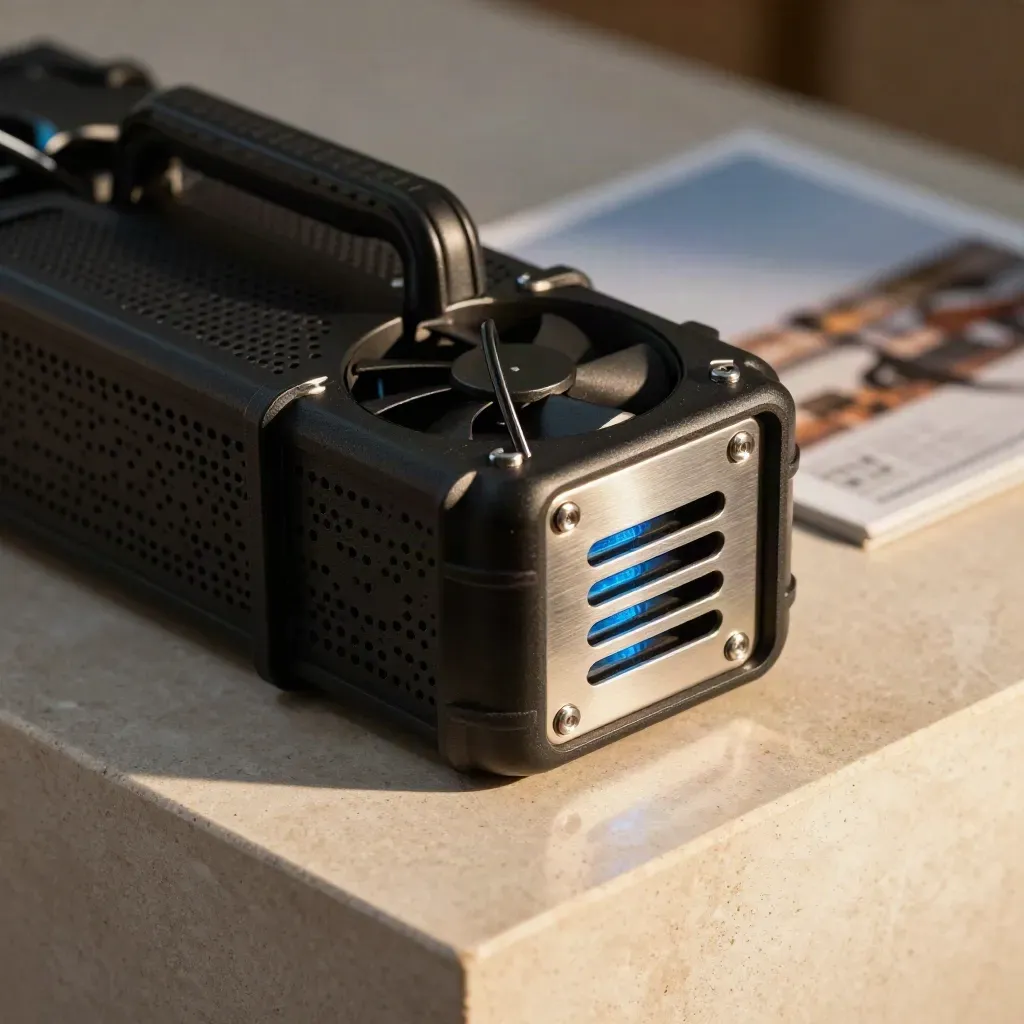 Close product hero of a black vented hardware case with fan blades, cables, and blue glow.