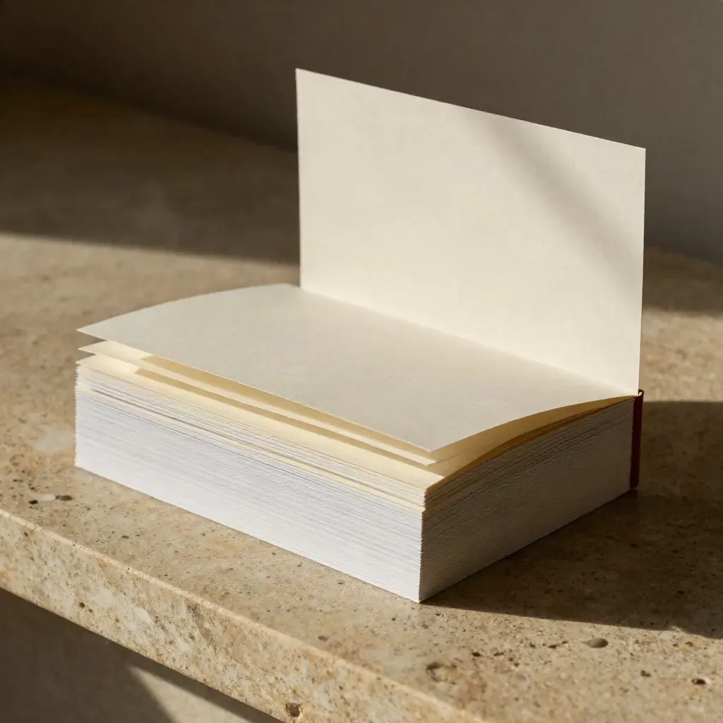 Layered SEO landing-page mockup cards in close-up on warm limestone.