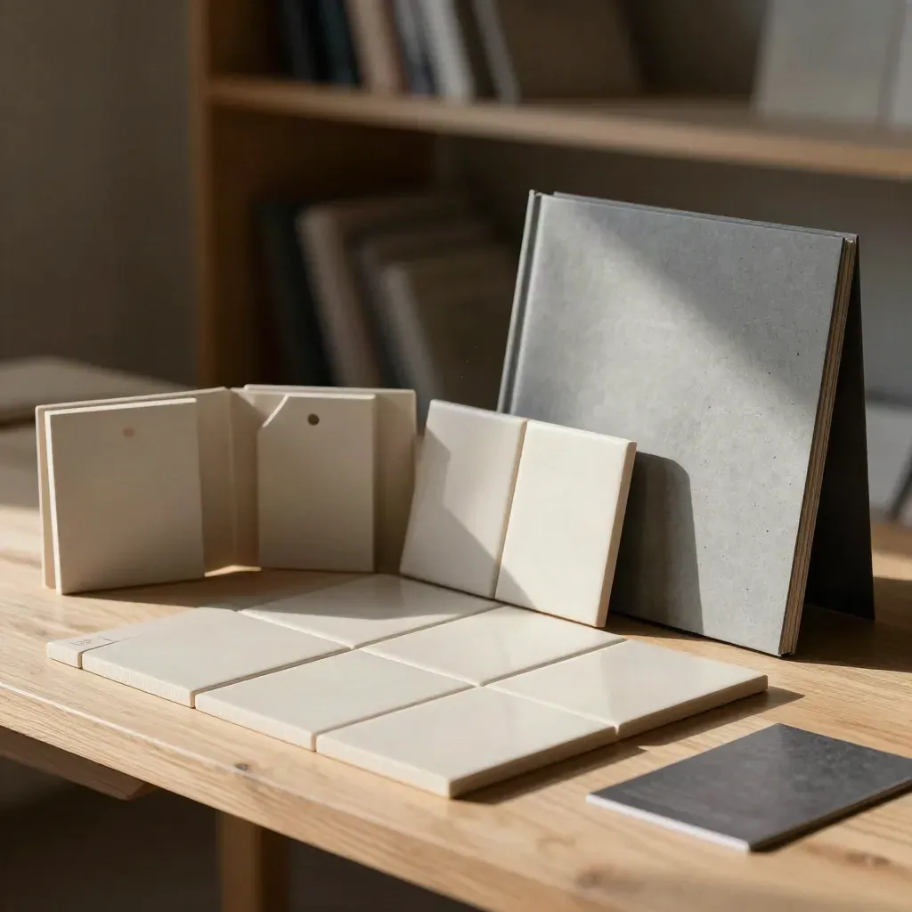 SEO review bundle of paper tiles and boxed inserts on pale wood in soft side light.