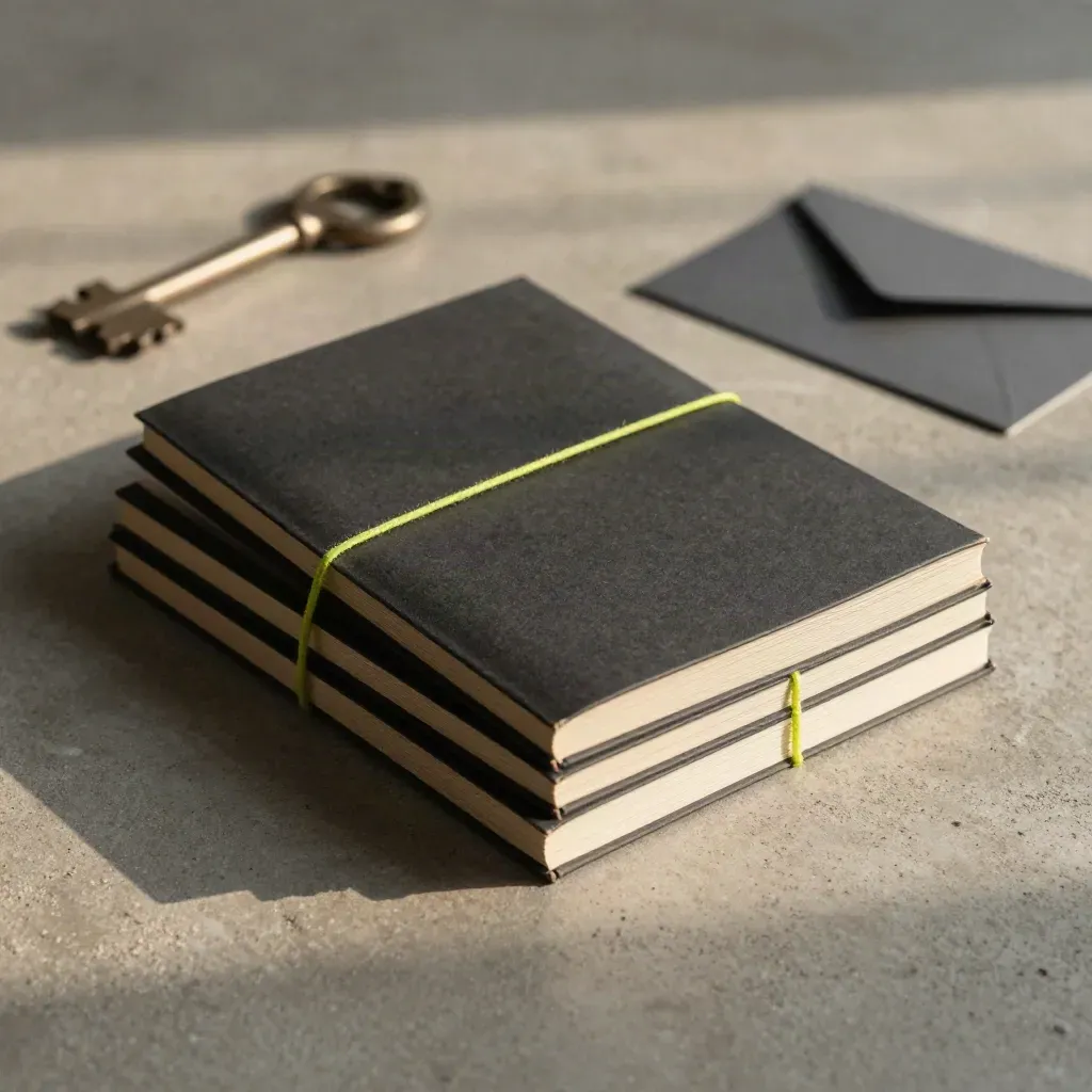 Top-down flatlay of SEO folios, sleeve, banded stack, and lime thread on concrete