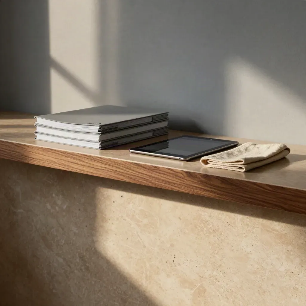 Warm marble ledge with audit folders and a closed tablet under morning window light.