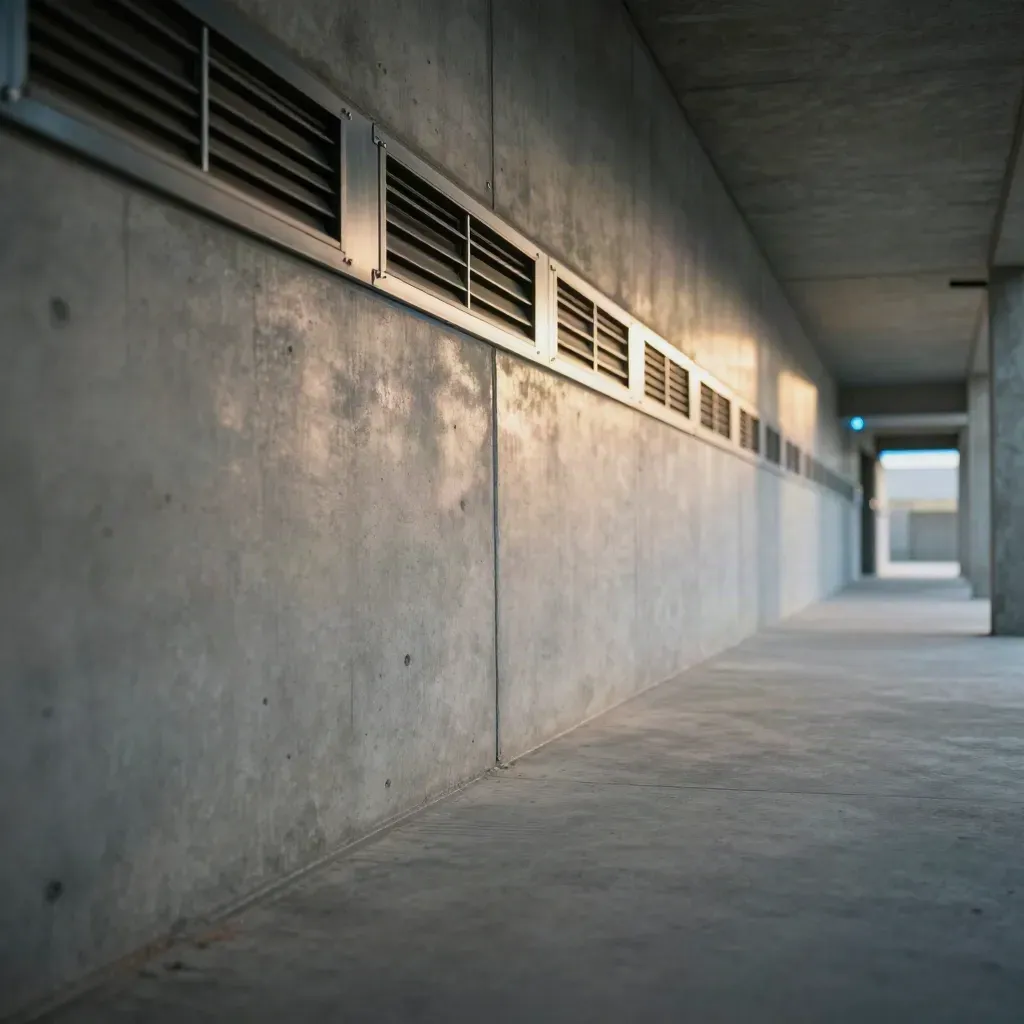 Sunlit concrete corridor with vented metal panels and a faint blue glow.