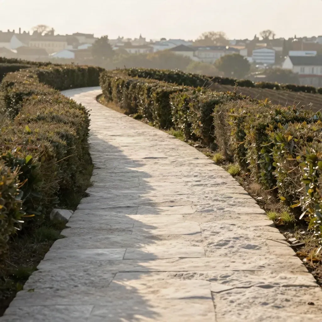 Sunlit limestone path with clipped hedges and a blurred city edge beyond