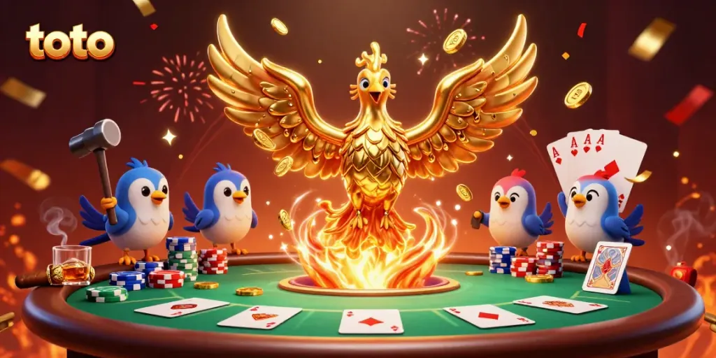 Engage in thrilling toto casino action with a golden phoenix surrounded by vibrant gambling elements.