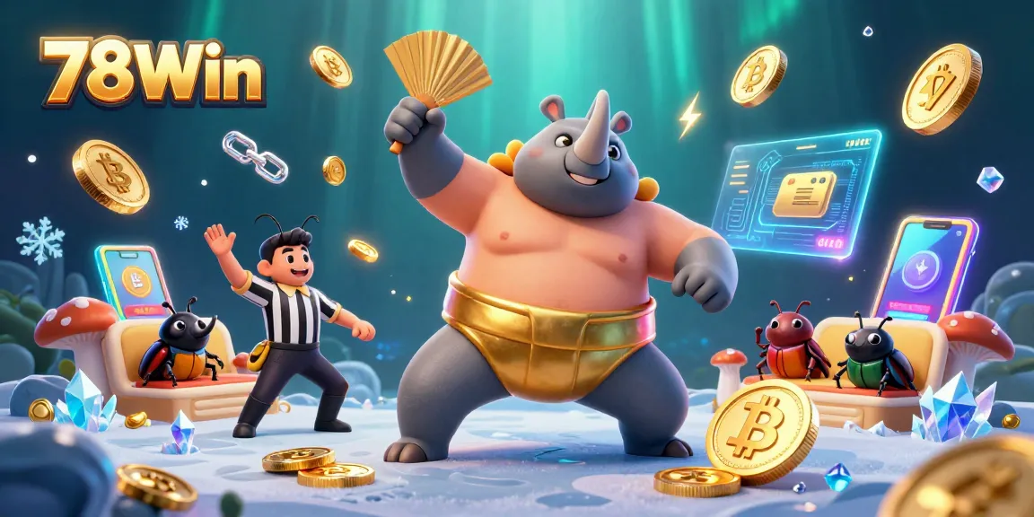 Join the exciting action at 78Win with a cartoon rhinoceros beetle champion amidst flying coins and crypto elements.