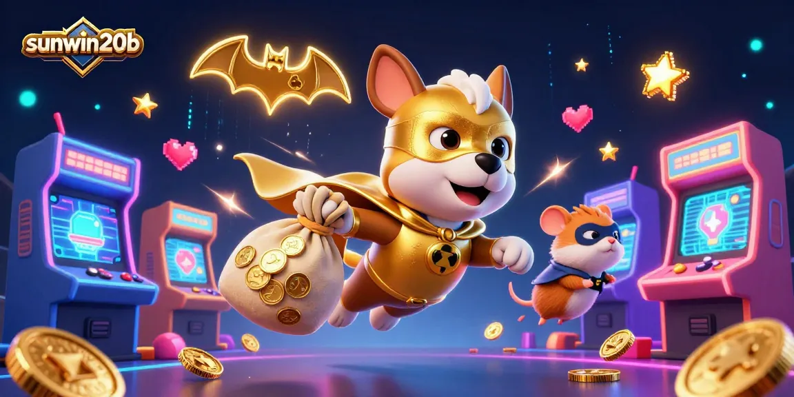 Engage in thrilling gaming with sunwin20b, featuring a superhero dog and hamster amidst vibrant casino elements.