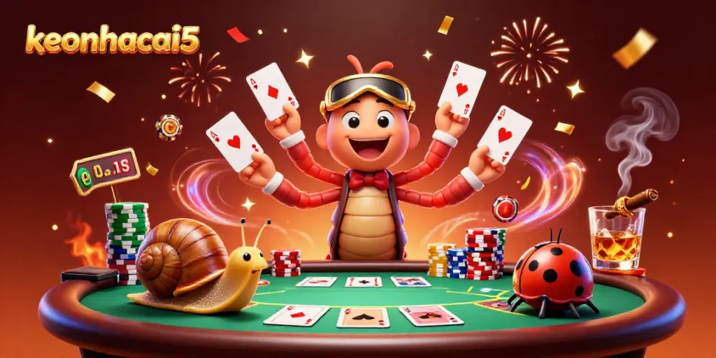 Engage with keonhacai5's dynamic illustration featuring charming characters at a thrilling poker table.