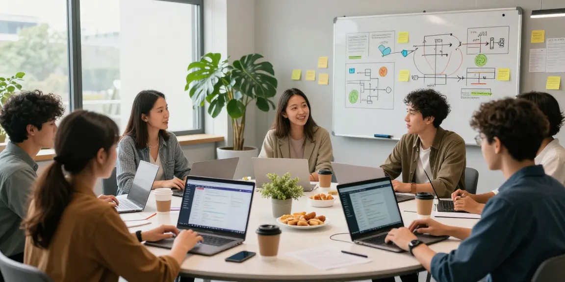 Team brainstorming in a modern workspace about AI startups 2026 with laptops and collaborative tools.